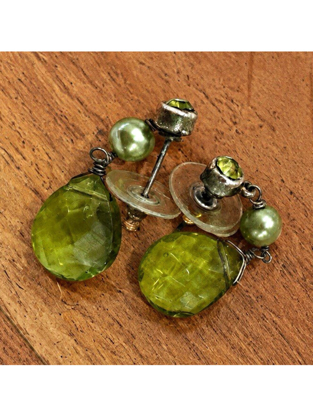 Olive Green Faceted Glass Faux Pearl Drop Earrings Silver-Tone